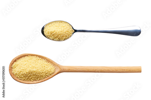 wooden and metal spoon with couscous isolated on white background top view. photo
