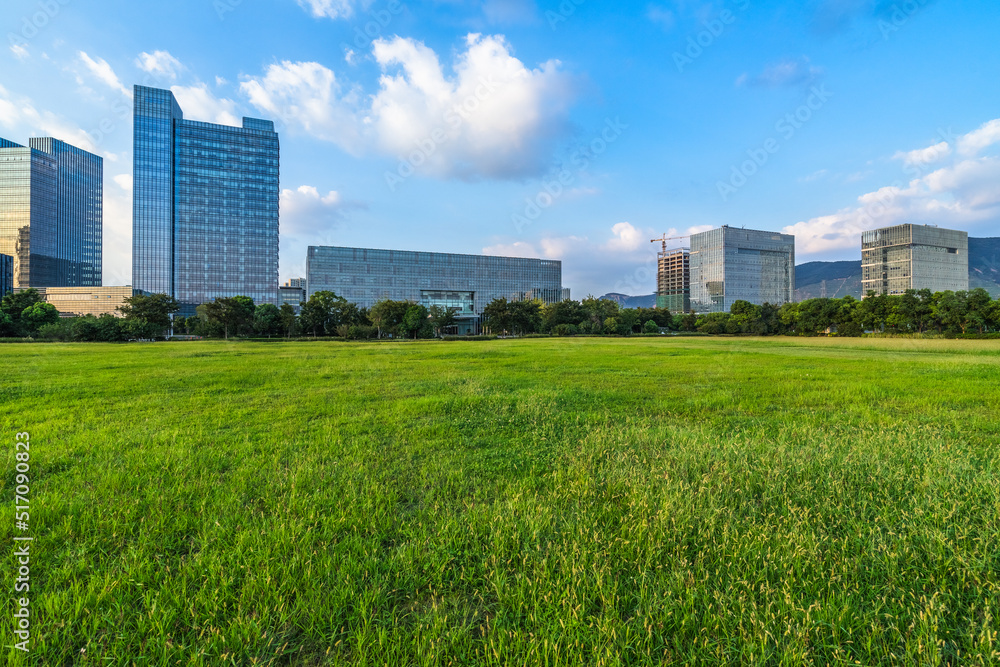 Obraz premium beautiful green meadow near modern office building