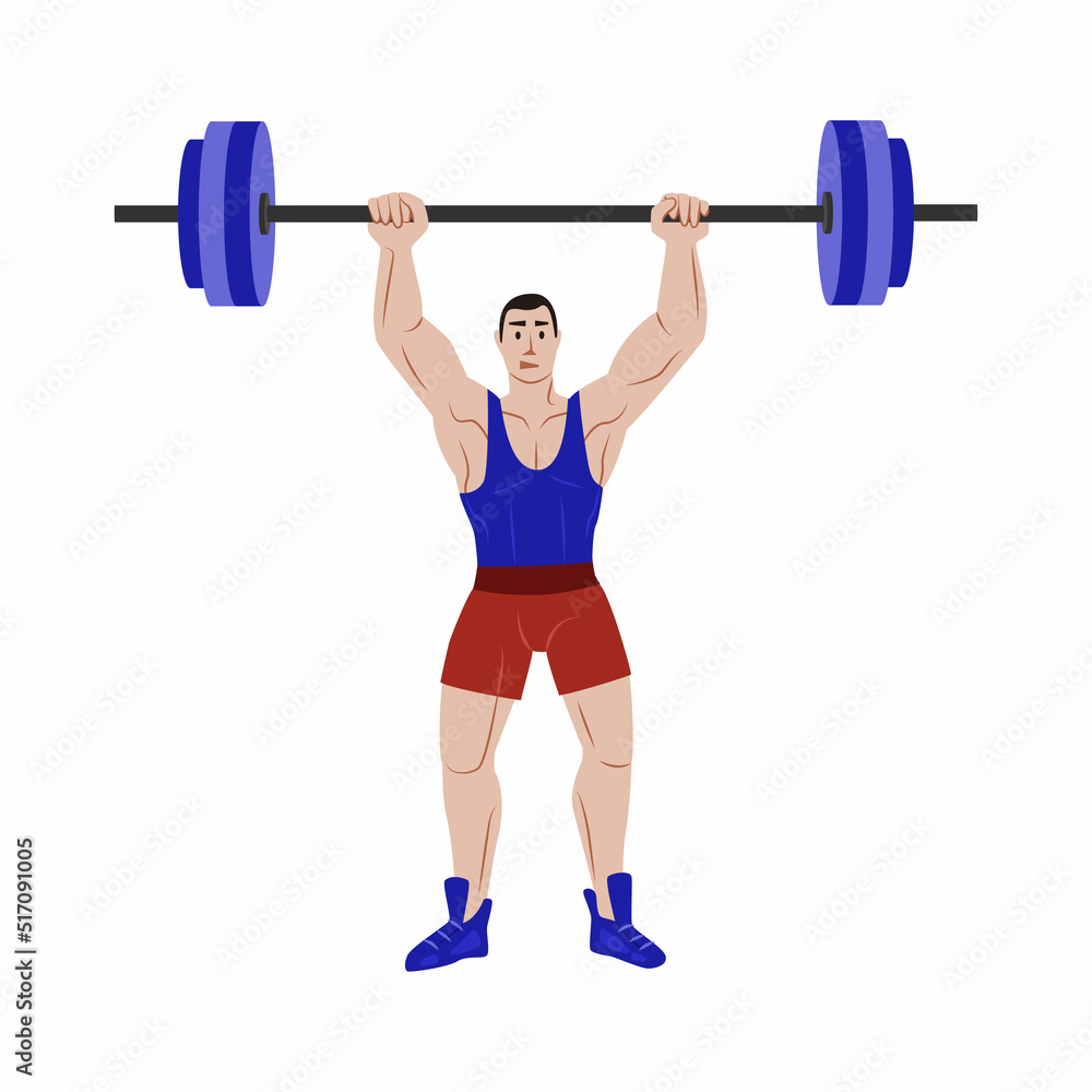 The man raised the barbell above his head and holds it at arm's length. Vector flat illustration isolated on a white background.