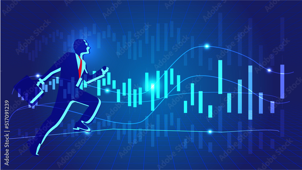 Business man running on financial curve graph background Business man running on financial curve graph background