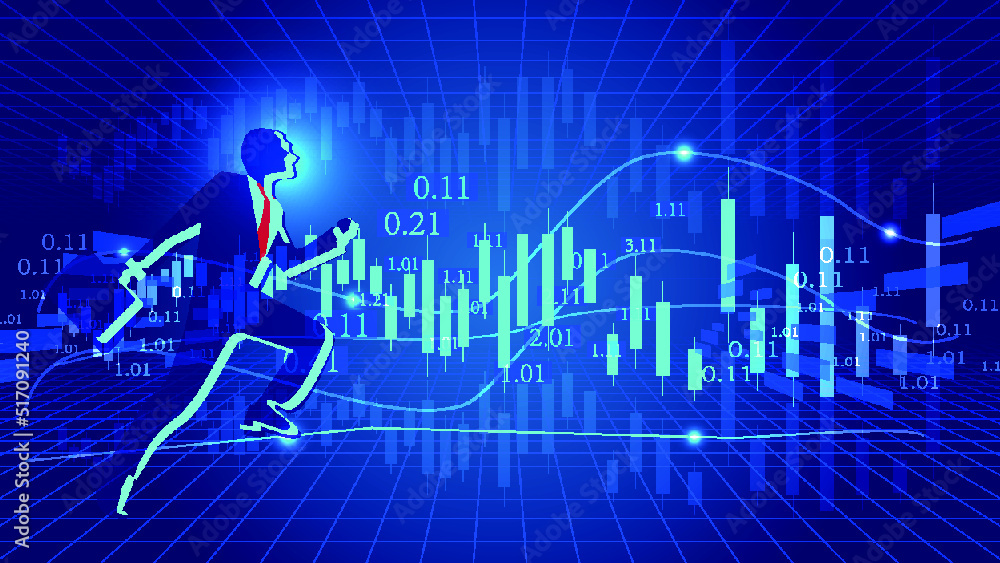 Business man running on financial curve graph background Business man running on financial curve graph background