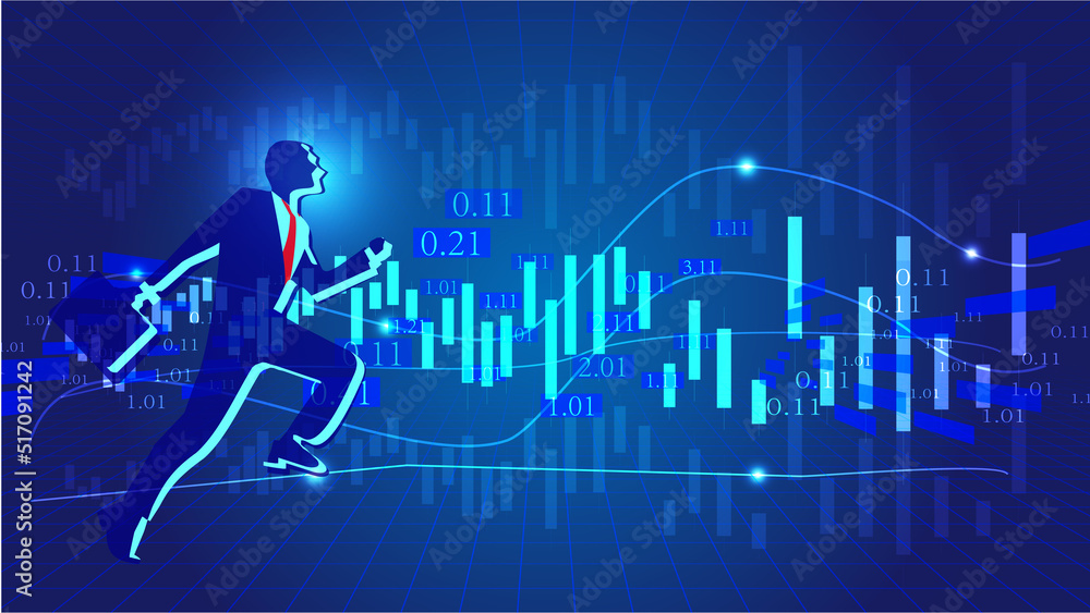 Business man running on financial curve graph background Business man running on financial curve graph background