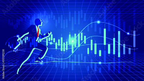 Business man running on financial curve graph background
