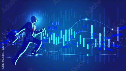 Business man running on financial curve graph background
