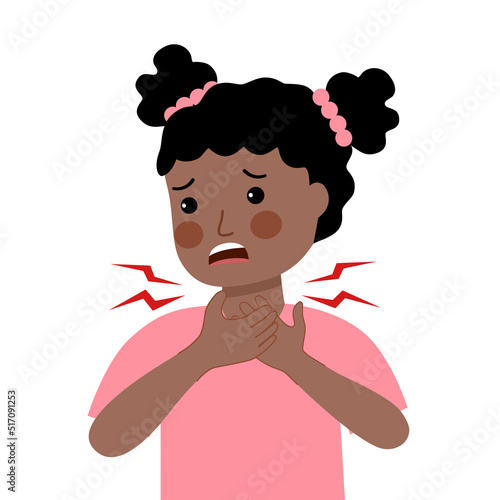 African girl kids having sore throat symptom from virus or bacteria in flat design on white background.