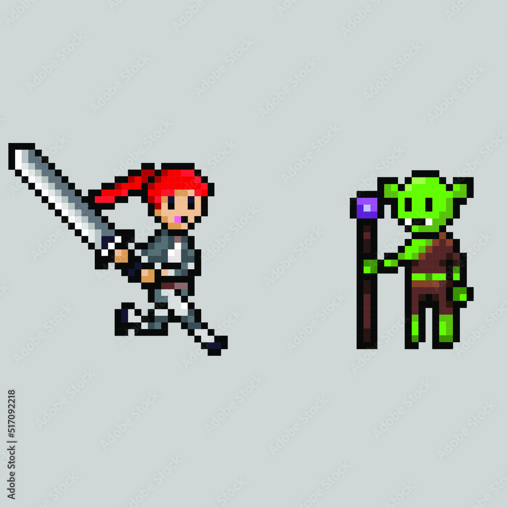 pixel art style, old videogames style, retro style 18 bit female swordman attack mage goblin vector pixel art style, old videogames style, retro style 18 bit female swordman attack mage goblin vector