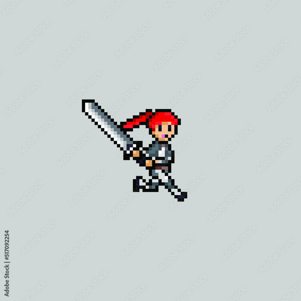 pixel art style, old videogames style, retro style 18 bit female swordman swing one handed sword vector