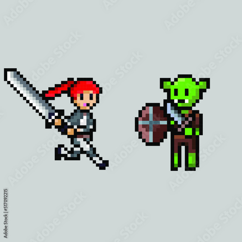 pixel art style, old videogames style, retro style 18 bit female swordman attack shield goblin vector