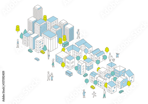オフィス街と住宅街のシンプルなアイソメトリック図　ベクターイラスト
