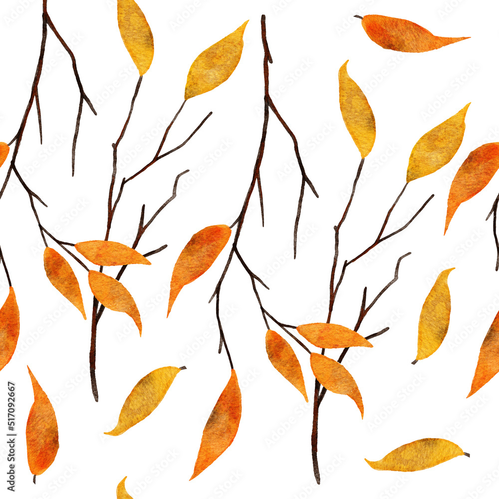 Naklejka premium Seamless watercolor hand drawn pattern with yellow orange leaves thin tree branches. Fall autumn september october background. Elegant fabric print on white .