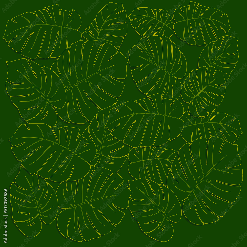 Fototapeta premium Vector illustration, EPS. Monstera leave pattern, placed on a green background and leave shadow. Beautiful, elegant pattern. Golden pattern. Outline pattern. tree pattern.