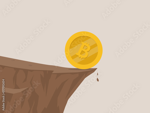 A bitcoin rolling to the edge of a cliff into the abyss, cryptocurrency risk concept
