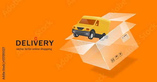 Yellow delivery van ejected from  transparent glass parcel box For make advertising media for transportation services around country and around world,vetor 3d isolated for online shopping and delivery