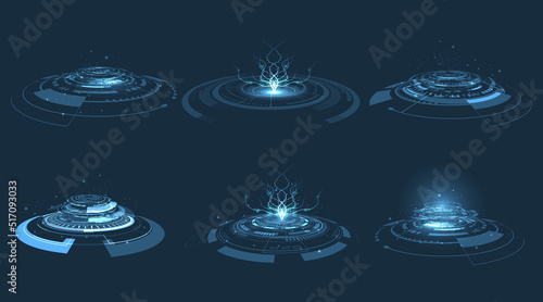 Vector of Circle podium futuristic set. Sci fi gaming hologram circle, digital tech energy element or HUD.