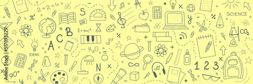 Many different drawings on color background. Back to school