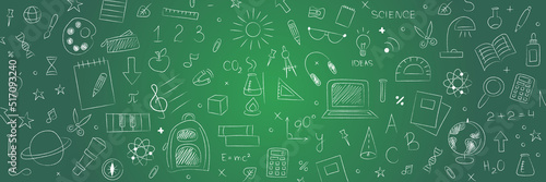 Many different drawings on color background. Back to school