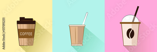 Different cups of hot coffee on colorful background