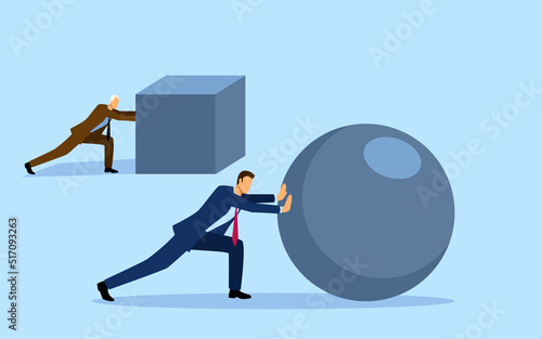 Younger businessman pushing a sphere leading the race against older businessmen pushing box