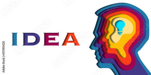 Paper cut to human head and light bulb shape on white background. Colorful papercut man silhouette on isolated background for  business idea concept.