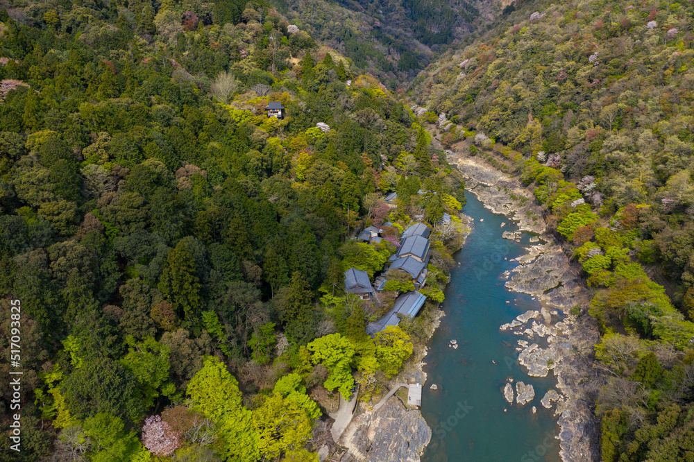 Arashiyama, River Through Katsura Canyon and Temple in Japan