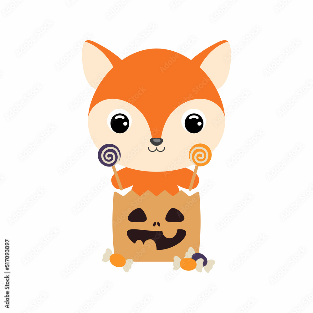 Cute Halloween fox sitting in a trick or treat bag with candies. Cartoon animal character for kids t-shirts, nursery decoration, baby shower, greeting card, invitation. Vector stock illustration Cute Halloween fox sitting in a trick or treat bag with candies. Cartoon animal character for kids t-shirts, nursery decoration, baby shower, greeting card, invitation. Vector stock illustration