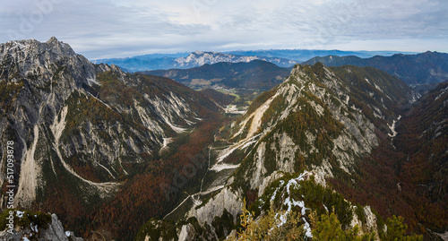 Valley of Tamar From Slemenova Spica With Spring of Nadiza River and World Ski Jump Nordic Center of Planica in the Distance in Autumn Colours - Julian Alps Slovenia photo