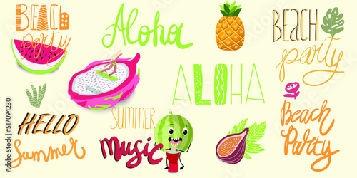 Lettering, hand drawn tags and elements for summer vacation, travel, beach holiday, sun. Vector illustration.