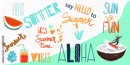 Lettering, hand drawn tags and elements for summer vacation, travel, beach holiday, sun. 