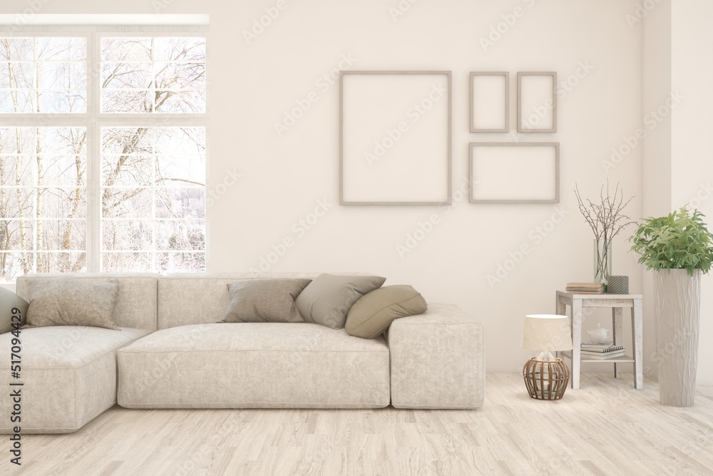 White living room with sofa and winter landscape in window. Scandinavian interior design. 3D illustration White living room with sofa and winter landscape in window. Scandinavian interior design. 3D illustration