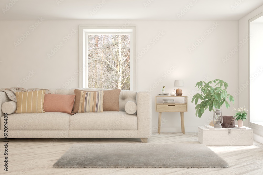 Fototapeta premium White living room with sofa. Scandinavian interior design. 3D illustration