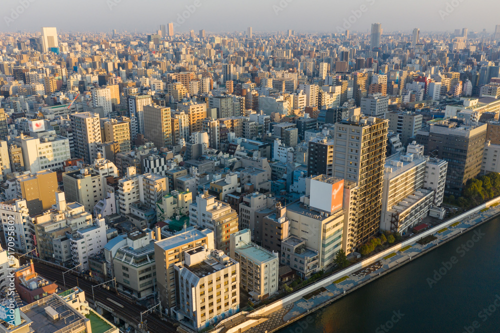 Fototapeta premium Japanese Urban Neighborhoods in Asakusa, Aerial View