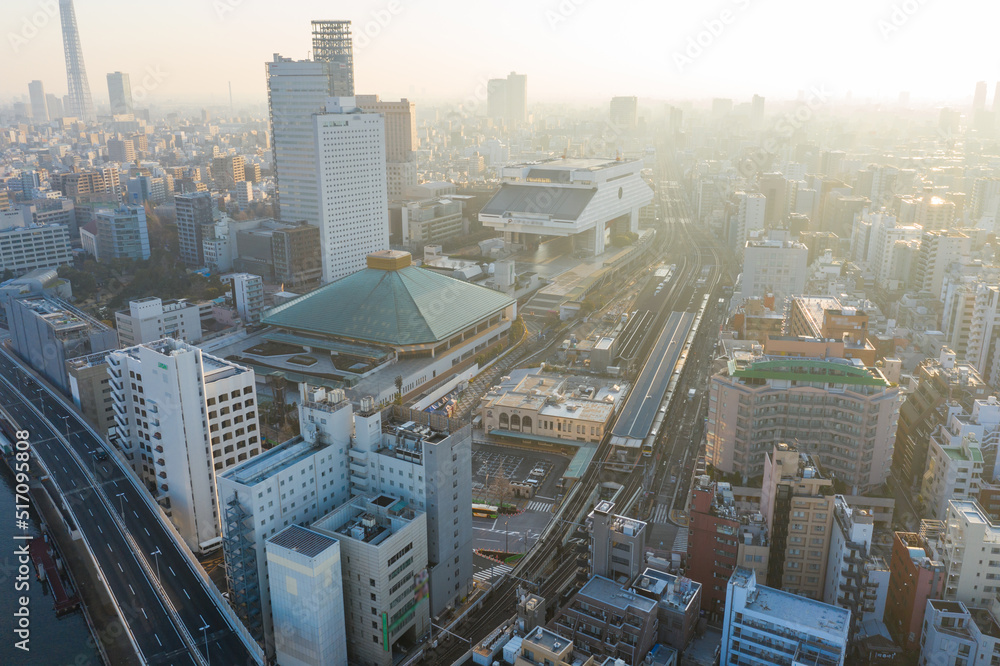 Japanese Urban Environment and Sumo Arena at Sunrise