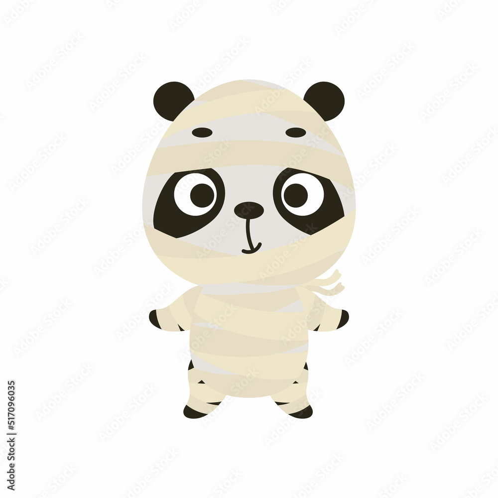 Obraz premium Cute little Halloween panda in a mummy costume. Cartoon animal character for kids t-shirts, nursery decoration, baby shower, greeting card, invitation, house interior. Vector stock illustration