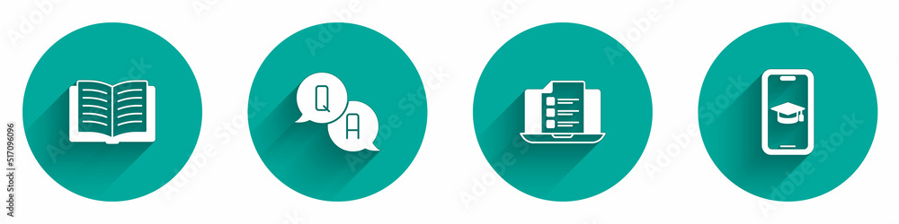 Set Open book, Question and Answer, Online quiz, test, survey and Graduation cap mobile icon with long shadow. Vector Set Open book, Question and Answer, Online quiz, test, survey and Graduation cap mobile icon with long shadow. Vector