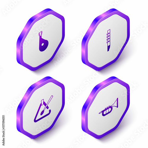 Set Isometric Bandura, Flute, Triangle musical instrument and Trumpet icon. Purple hexagon button. Vector