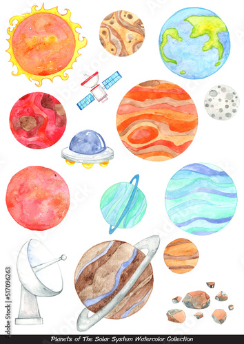 Planets of the solar system watercolor illustration collection of decoration on space.