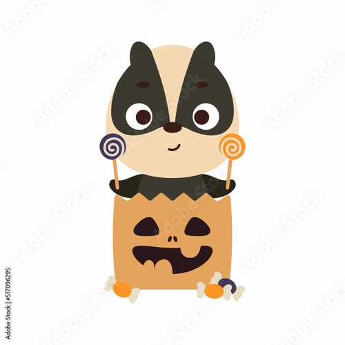 Cute Halloween badger sitting in a trick or treat bag with candies. Cartoon animal character for kids t-shirts, nursery decoration, baby shower, greeting card, invitation. Vector stock illustration