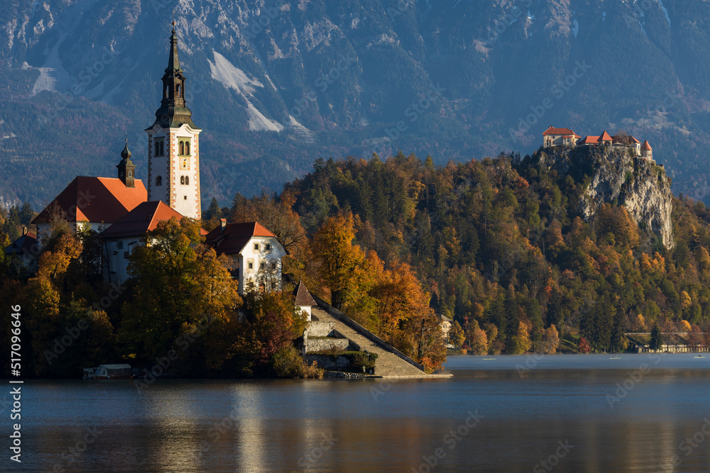 Fototapeta premium The Island Of Lake Bled with its Medieval Castle in the Background, Slovenia.