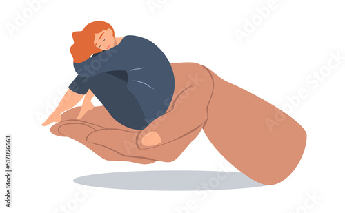 vector illustration in a flat style on the theme of psychological safety. care. the girl sits on a big hand, hugging her knees