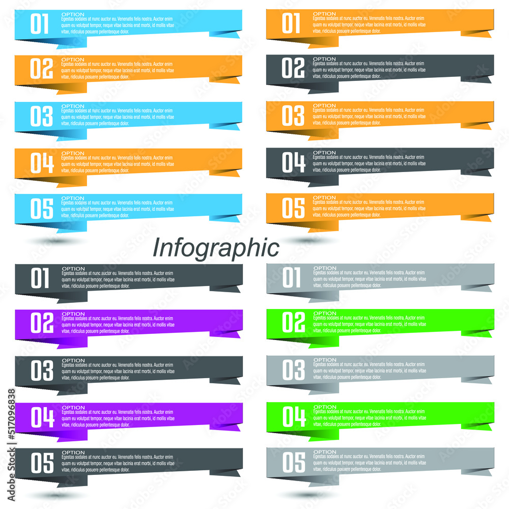 Collection infographics with steps and options, banner for business design and website template. Collection infographics with steps and options, banner for business design and website template.