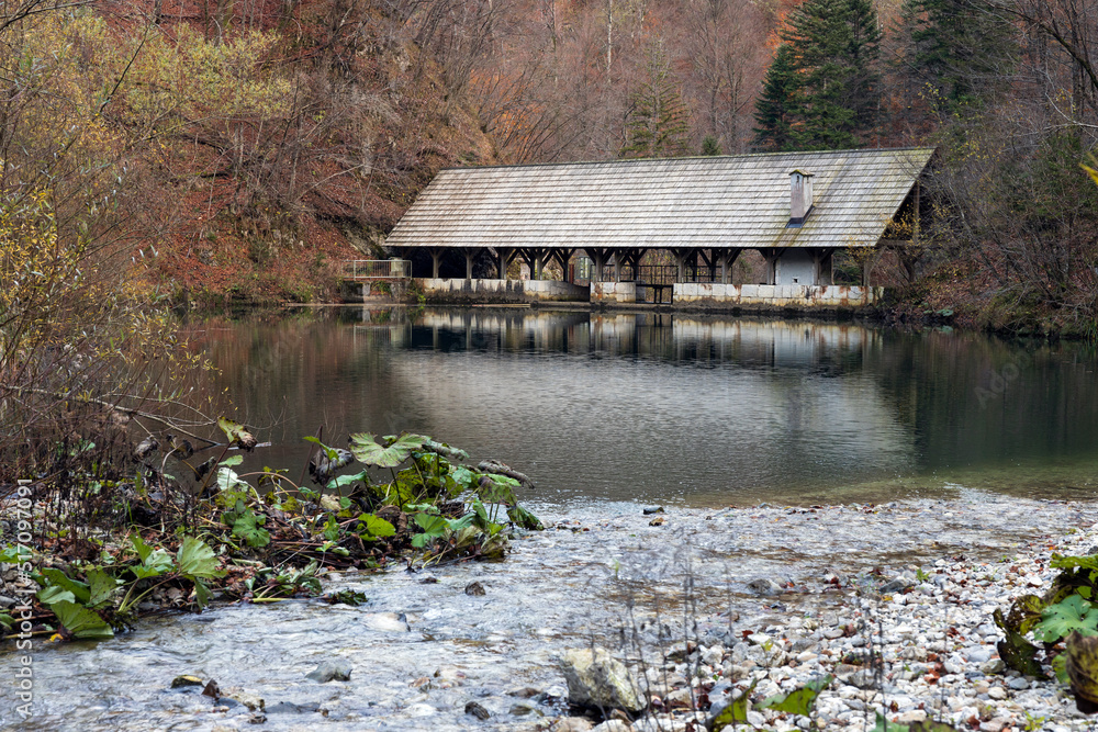 Obraz premium Konomlja Klavze Panorama, like other Klavze, they were intended for rafting wood for the needs of the Mercury Mine in near Town of Idrija.