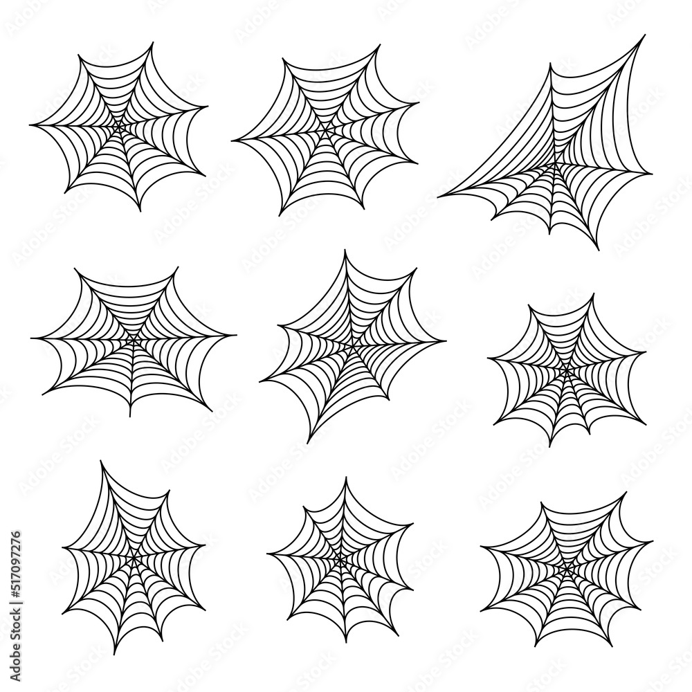 Set of black silhouettes of spider web. Spooky horror design decoration for Halloween party. Spooky background for October party and invitations. Flat vector stock illustration. Set of black silhouettes of spider web. Spooky horror design decoration for Halloween party. Spooky background for October party and invitations. Flat vector stock illustration.