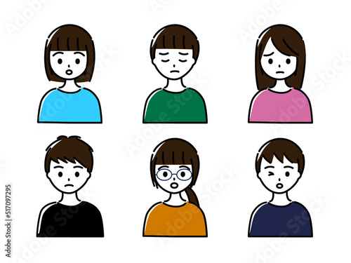 小学生高学年から中学生くらいの男女6人（上半身）ネガティブな表情のセット