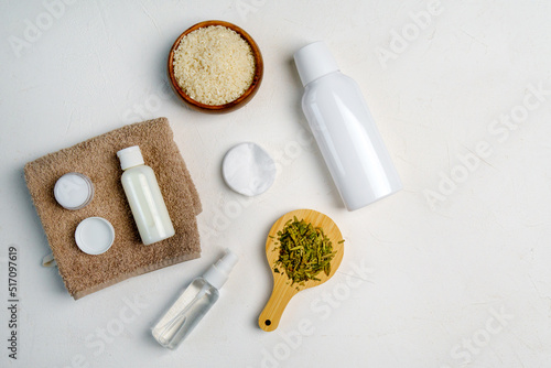Rice skin care product and eco friendly accessories. Fermented beauty care trend. Flat lay
