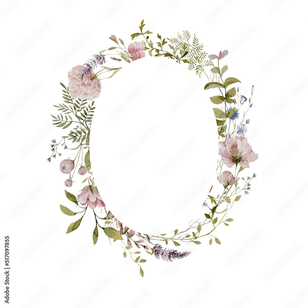 Watercolor floral wreath. Hand painted frame of greenery, wildflowers ...