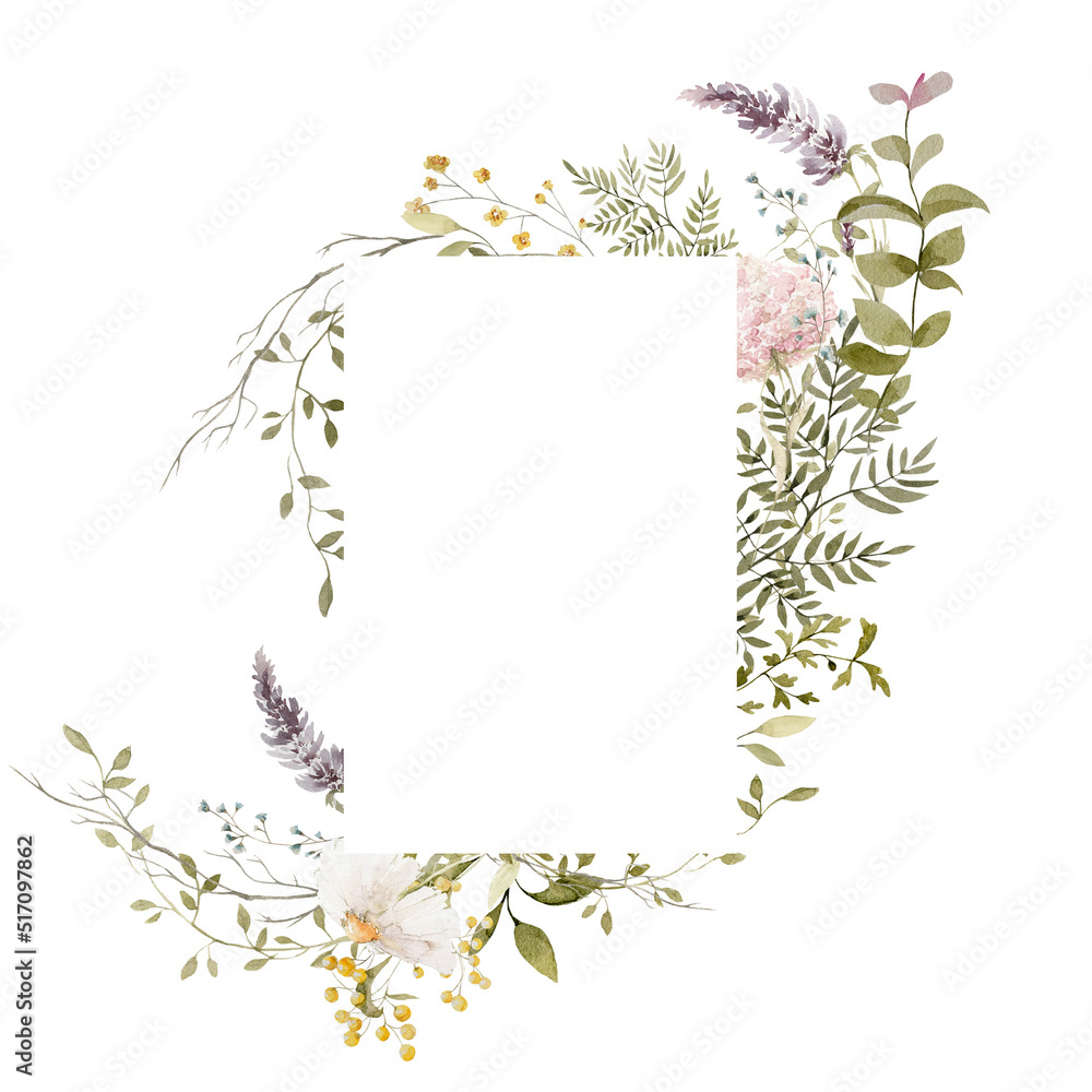 Obraz premium Watercolor floral wreath. Hand painted frame of greenery, wildflowers, herbs. Green leaves, field flowers isolated on white background. Botanical illustration for design, print or background