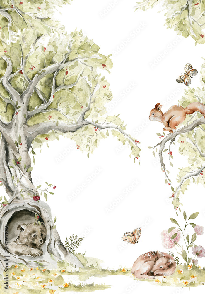 Watercolor nursery frame. Hand painted woodland border of cute baby