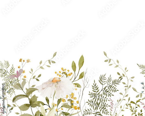 Watercolor floral seamless border. Hand painted frame of green leaves  wildflowers  field flowers  isolated on white background. Iillustration for design  print  background