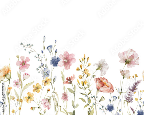 Watercolor floral seamless border. Hand painted frame of green leaves, wildflowers, field flowers, isolated on white background. Iillustration for design, print, background