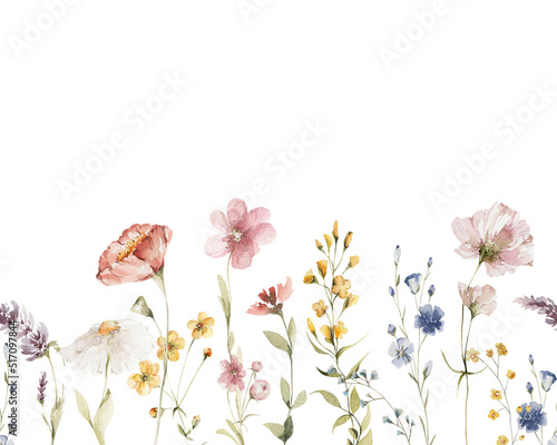 Watercolor floral seamless border. Hand painted frame of green leaves, wildflowers, field flowers, isolated on white background. Iillustration for design, print, background